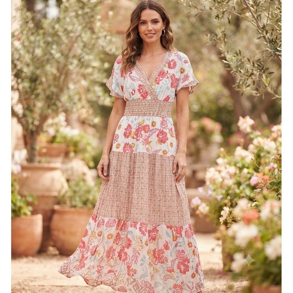 J GEE Womens Floral Smocked Waist Maxi Dress Pink White V-Neck‎ Boho Size S